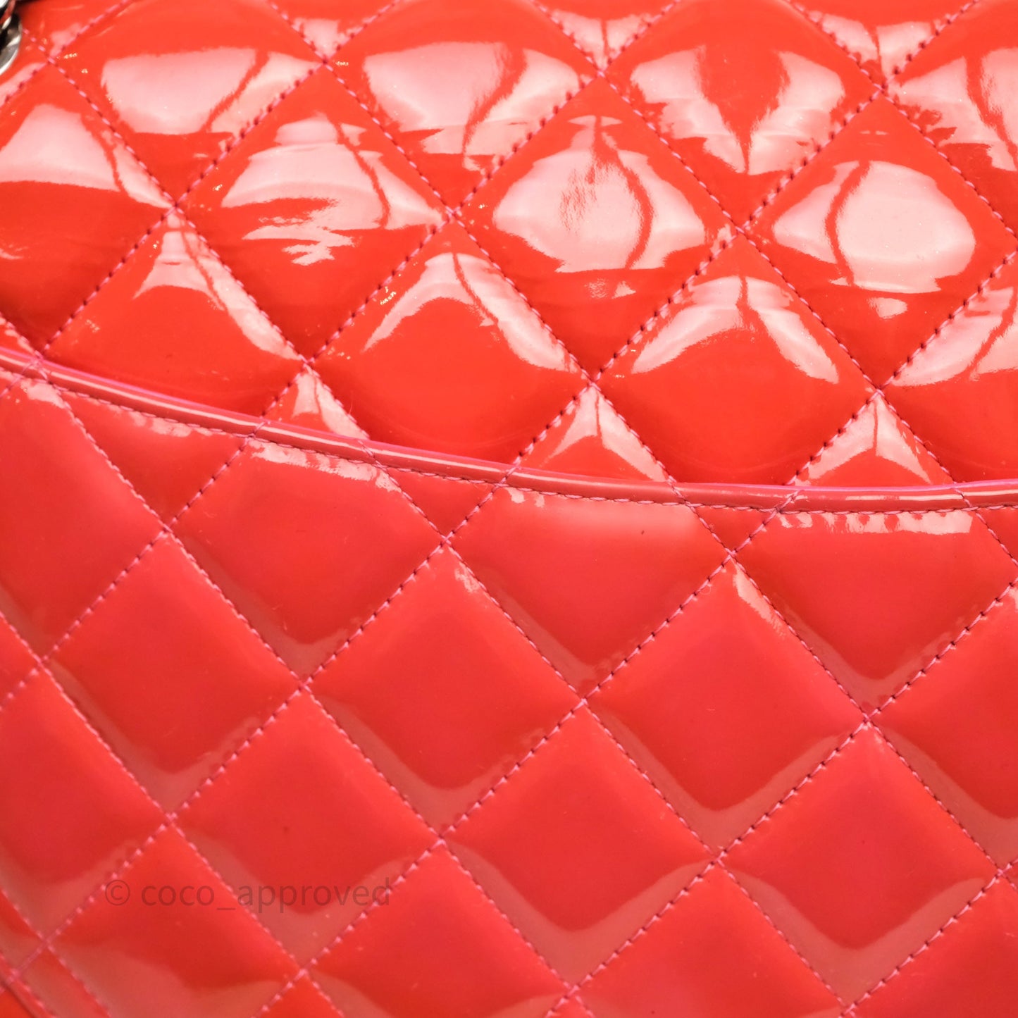Chanel Jumbo Double Flap Red Orange Patent Silver Hardware⁣⁣