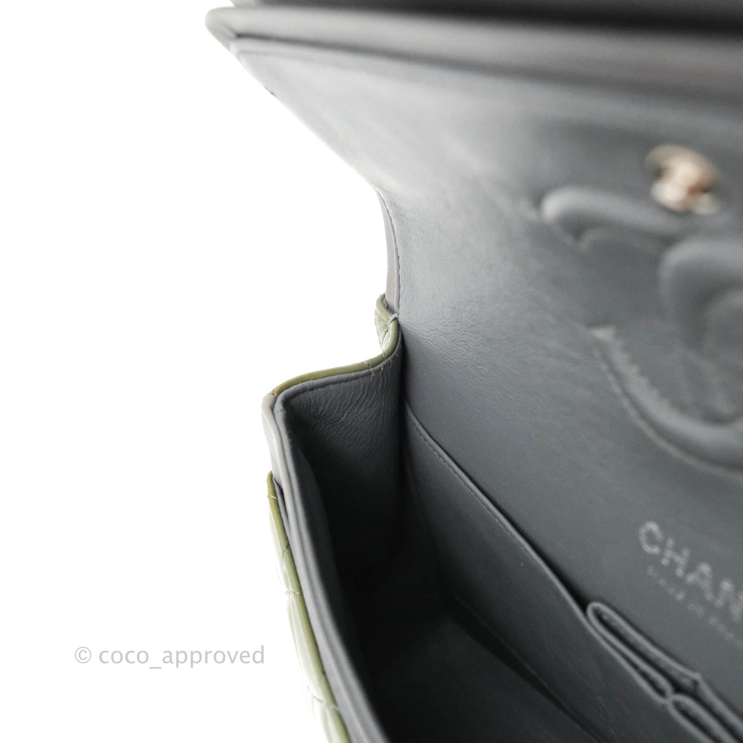 Chanel Classic M/L Medium Double Flap Olive Green Patent Silver Hardware