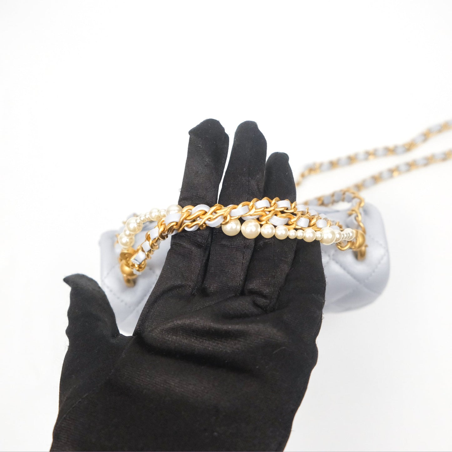 Chanel Pearl Chain Mini Flap Bag Pearly Light Blue Lambskin Aged Gold Hardware 24P