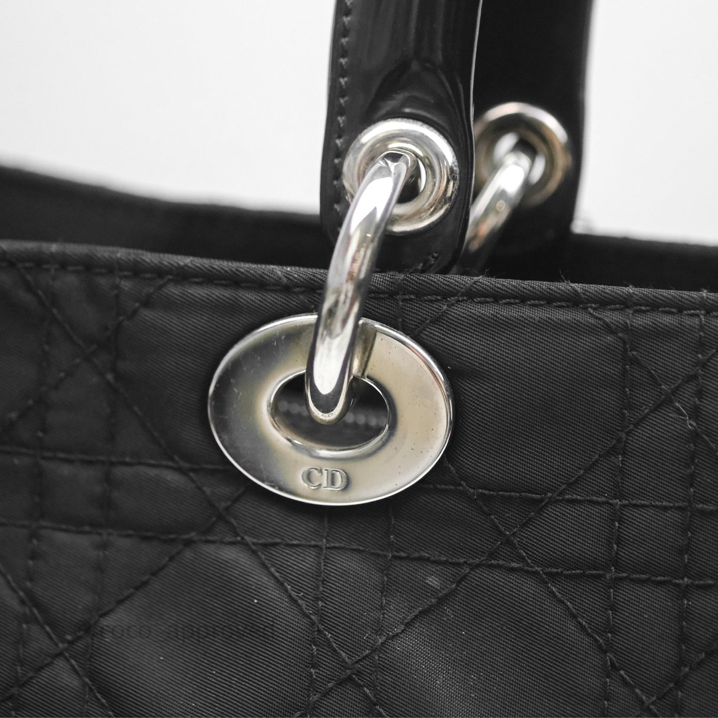Christian Dior Vintage Large Lady Dior Cannage Fabric Black Silver Hardware