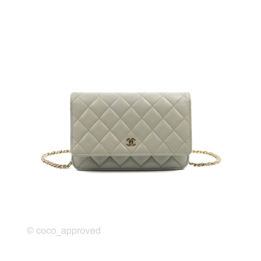 Chanel Quilted Classic Wallet on Chain WOC Light Grey Lambskin Gold Hardware