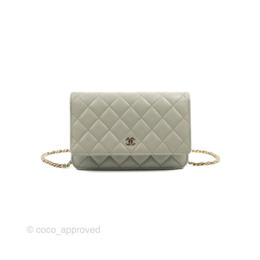 Chanel Quilted Classic Wallet on Chain WOC Light Grey Lambskin Gold Hardware