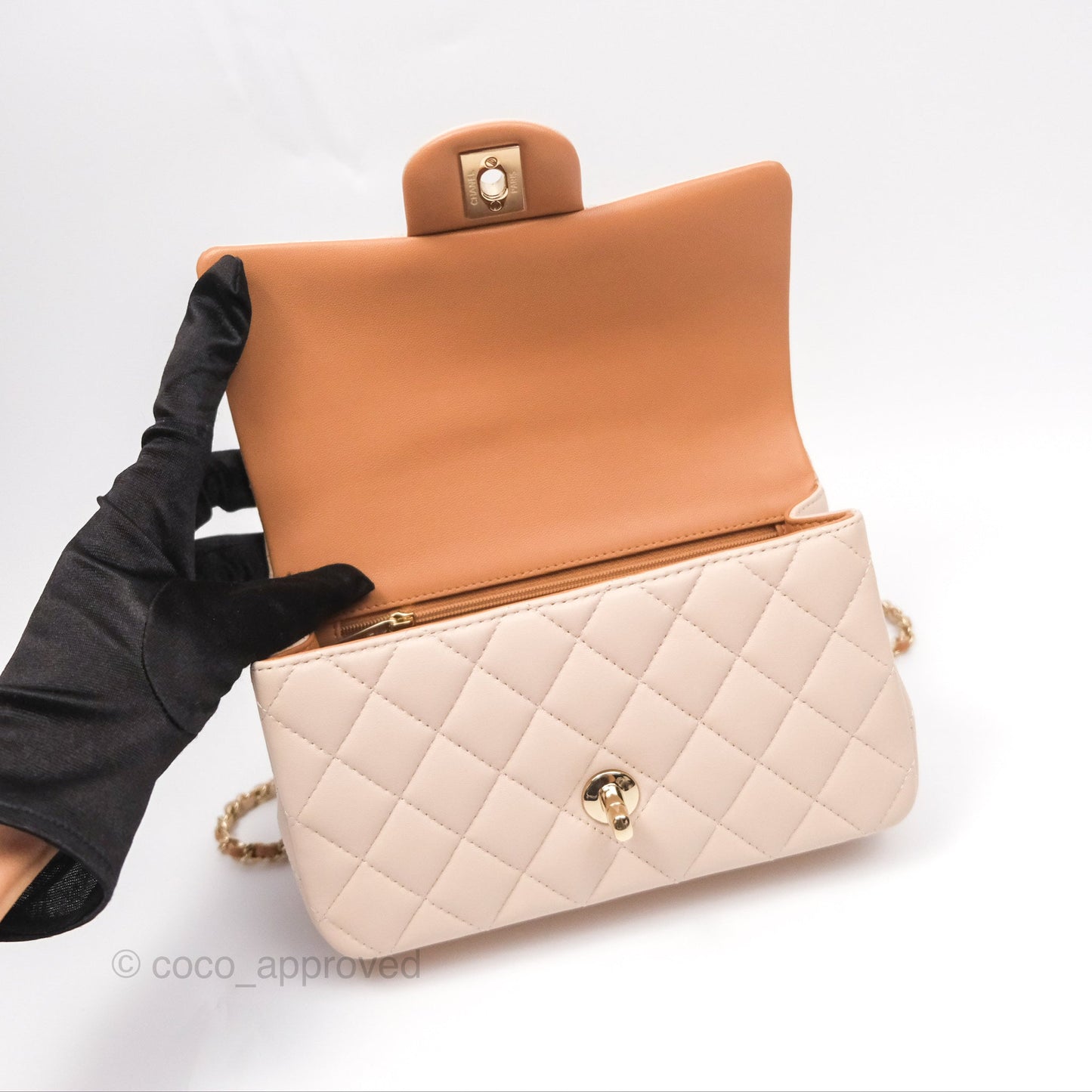 Chanel Top Handle Mini Rectangular Flap Bag Ecru/Beige Lambskin Gold Hardware 23P
