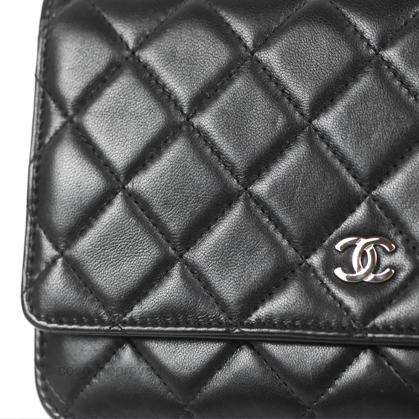 Chanel Quilted Classic Wallet On Chain WOC Black Lambskin Silver Hardware