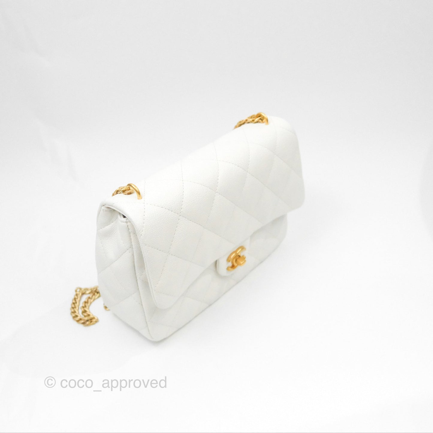Chanel Large Flap Bag Heart Adjustable Chain White Caviar Aged Gold Hardware