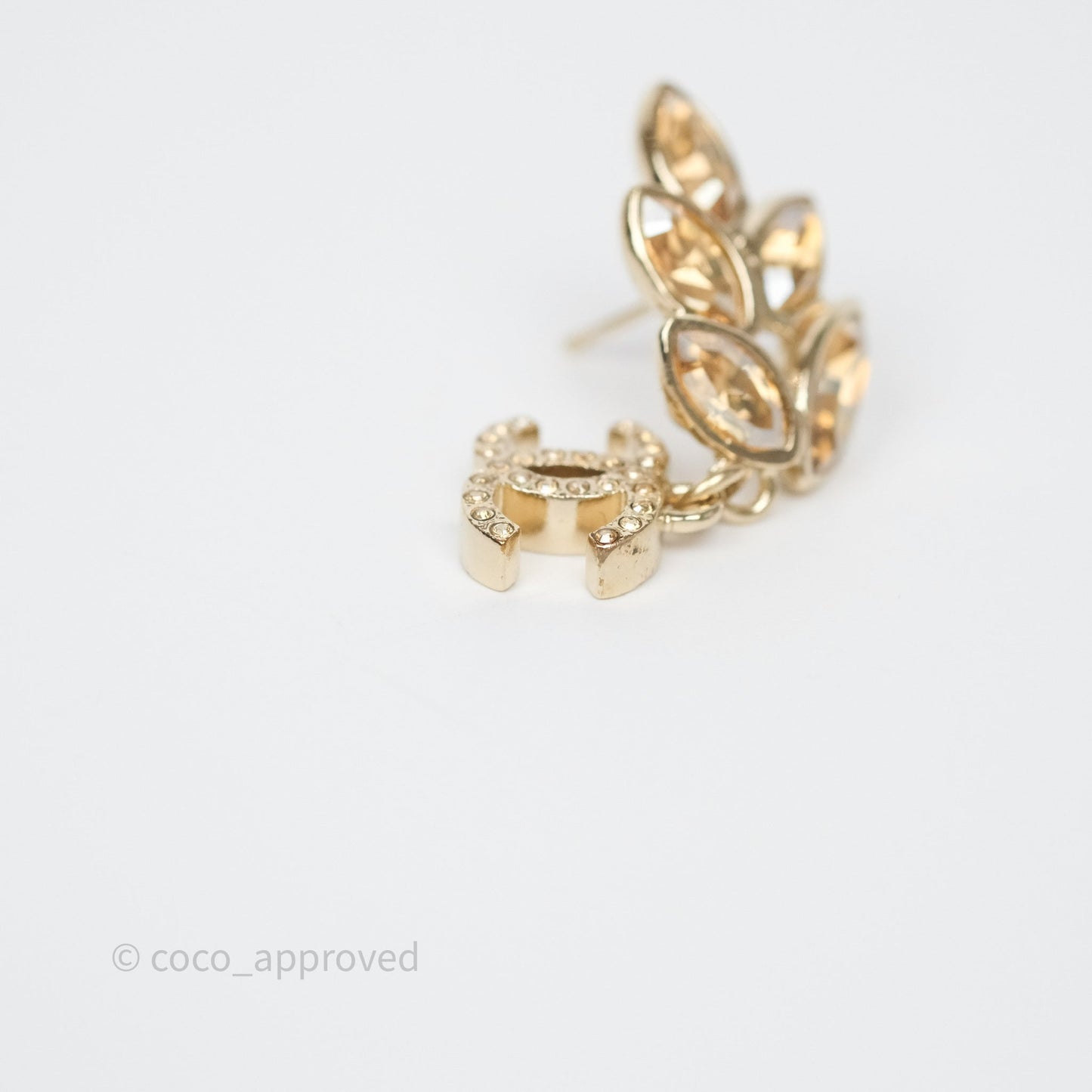 Chanel Crystal Leafy CC Earrings Gold Tone 22K