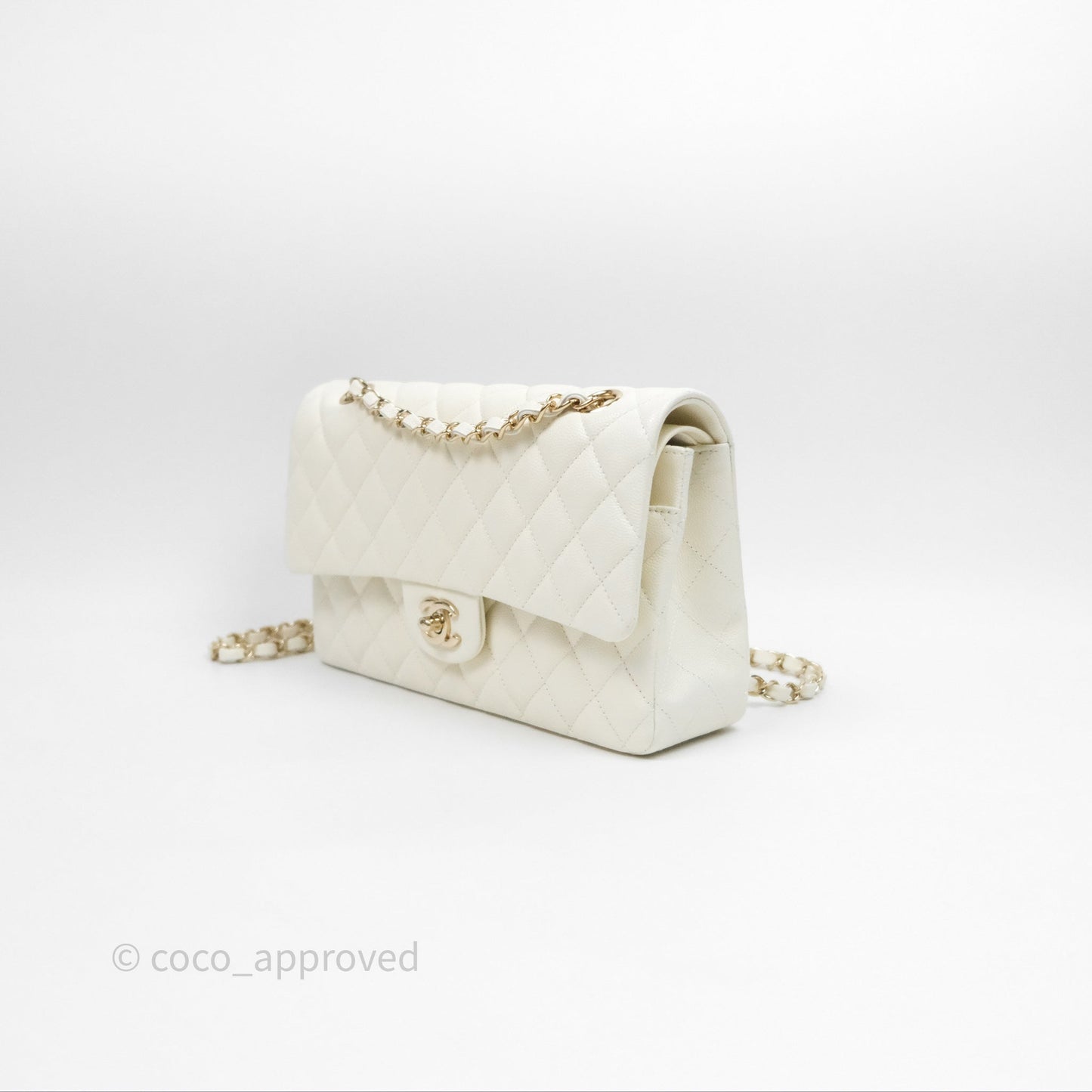 Chanel Classic M/L Medium Flap Quilted Ivory White Caviar Gold Hardware