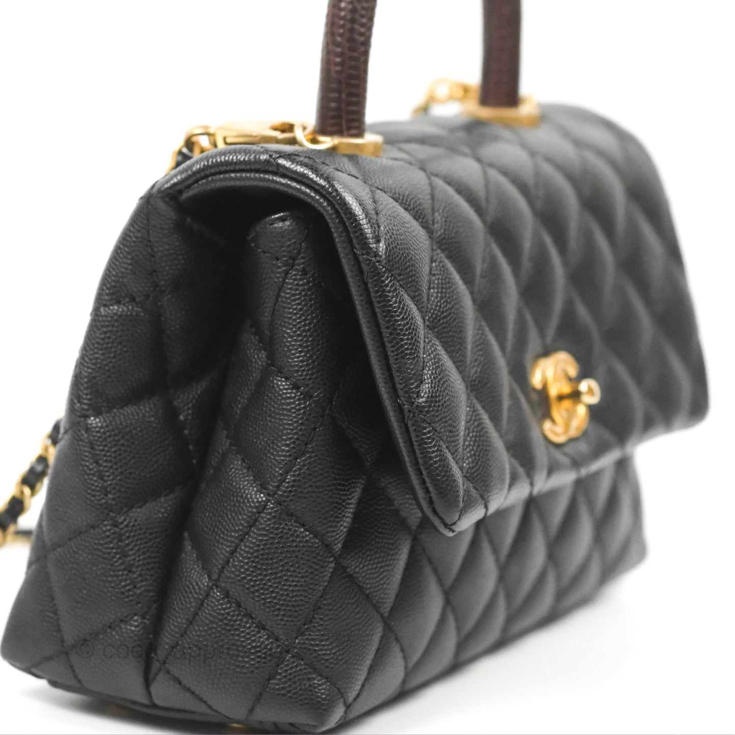 Chanel Small Coco Handle Quilted Black Caviar Aged Gold Hardware Lizard Handle