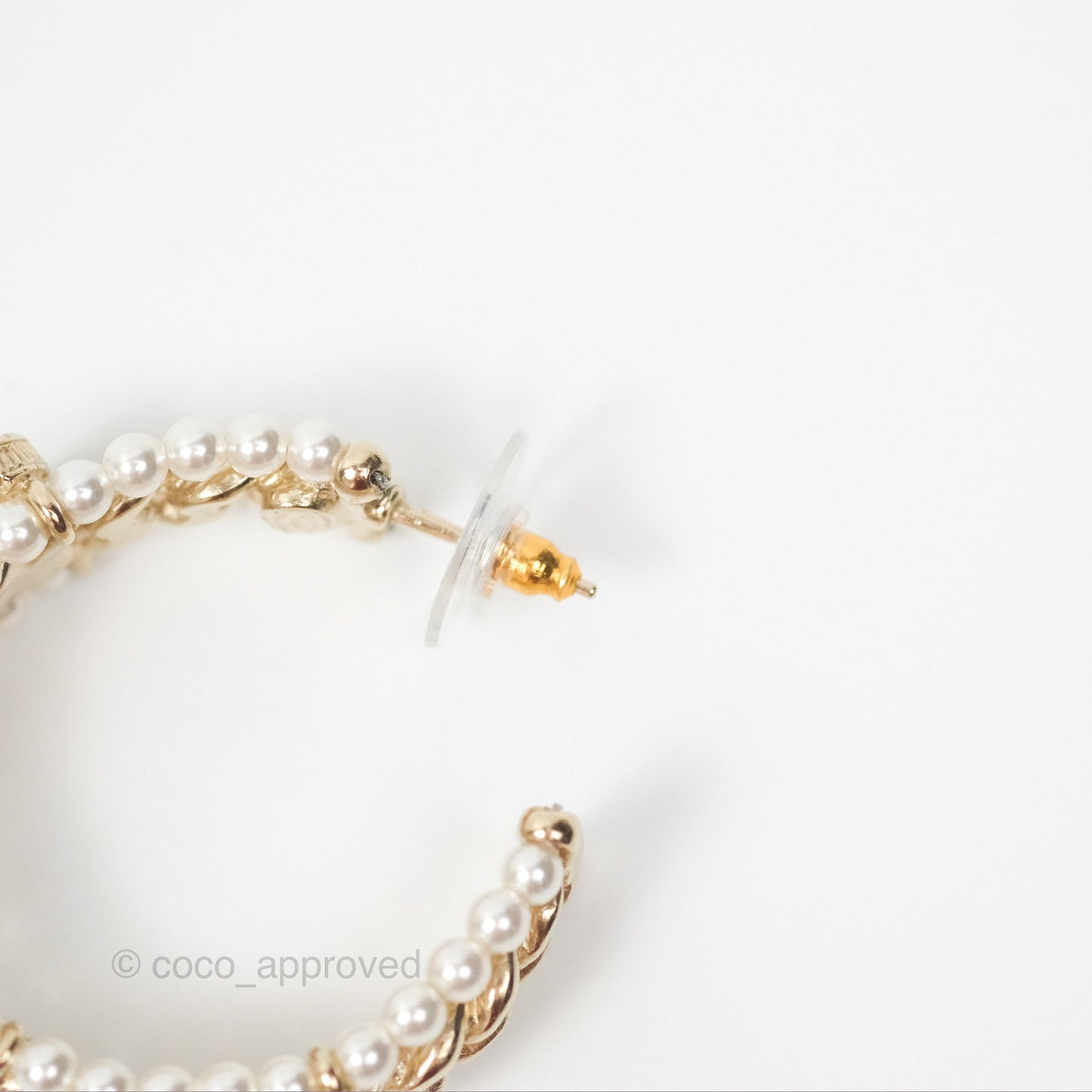 Chanel CC Pearl Hoop Earrings Gold Tone 20C