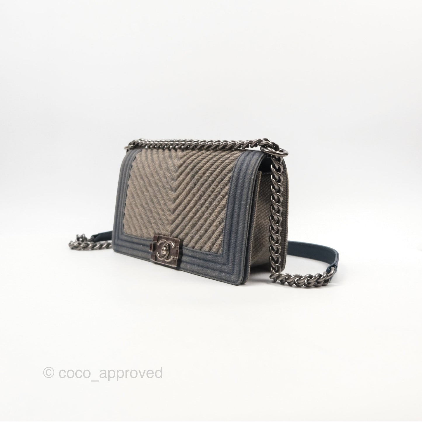Chanel Medium Chevron Boy Washed Denim Ruthenium Hardware
