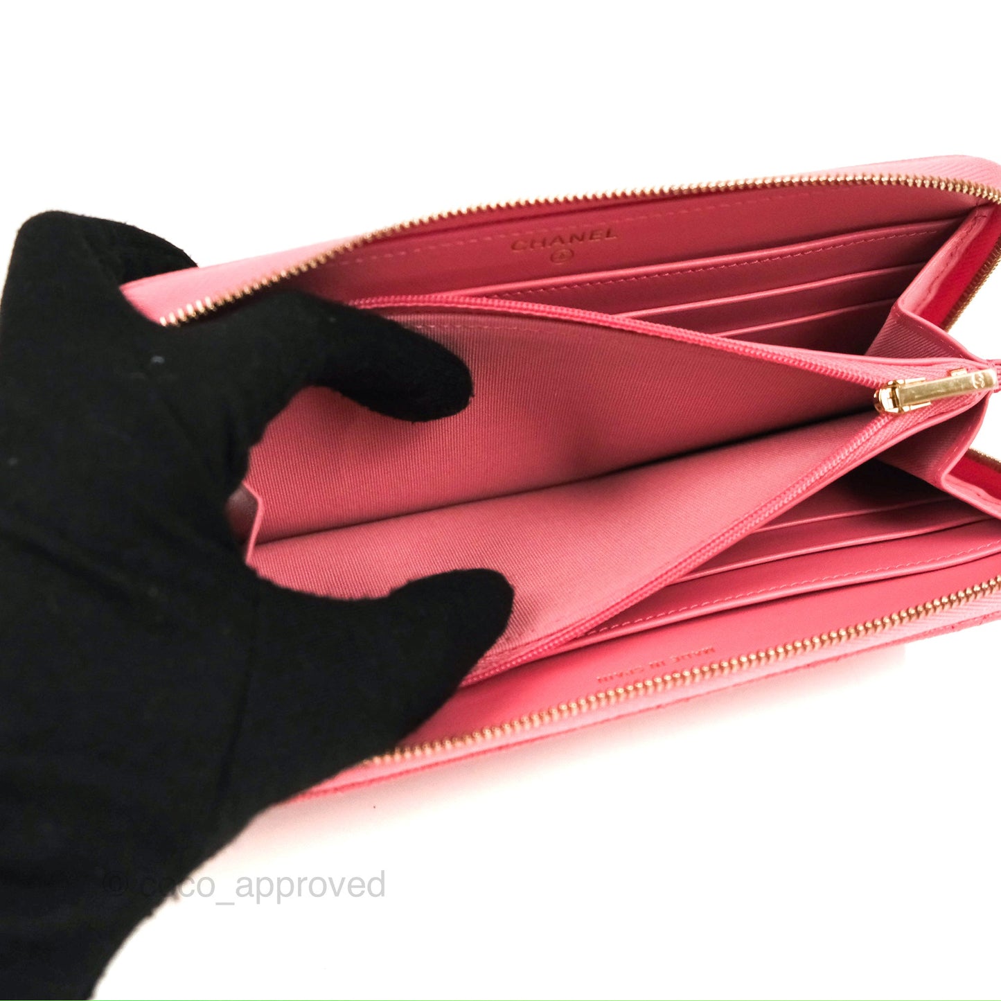 Chanel Classic Zip Long Wallet Quilted Pink Caviar Gold Hardware