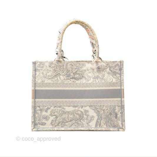 Christian Dior Medium (Old Small) Book Tote Embroidered Toile De Jouy Light Grey Canvas