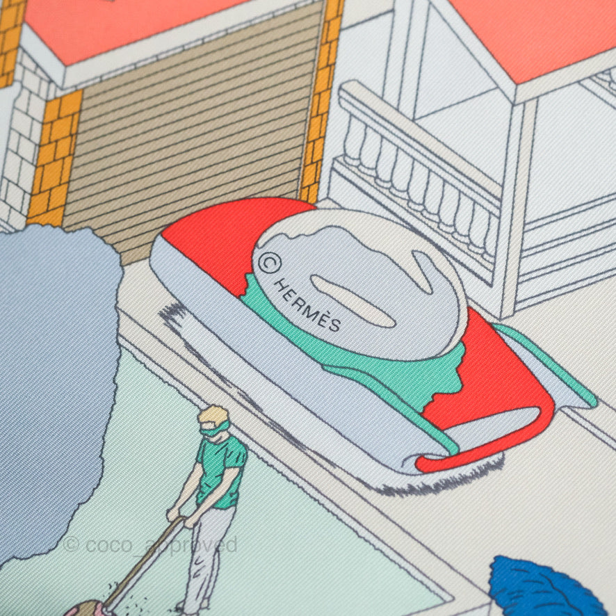 Hermes On The Beach Scarf 90 Gris Argent / Bleu / Grenadine