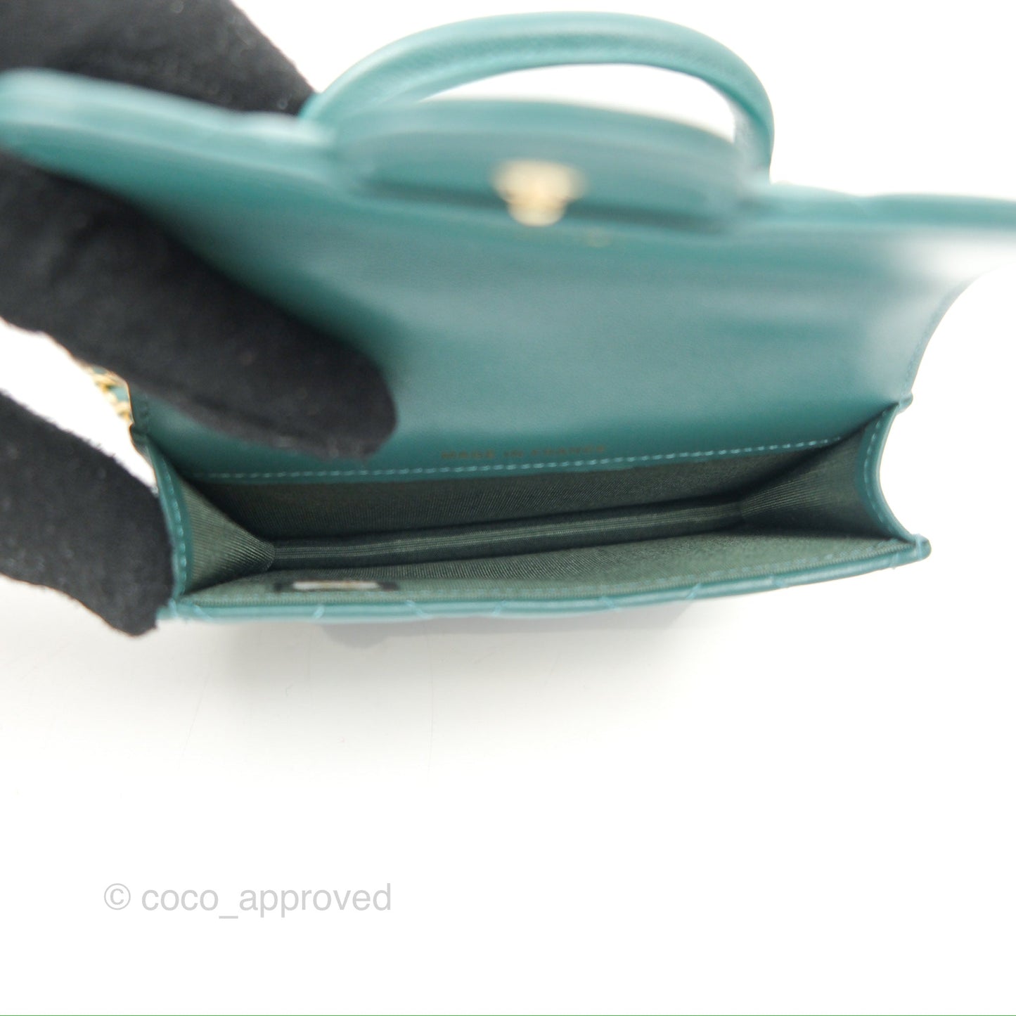 Chanel Mini Handle Flap Coin Purse With Chain Teal Green Lambskin Aged Gold Hardware