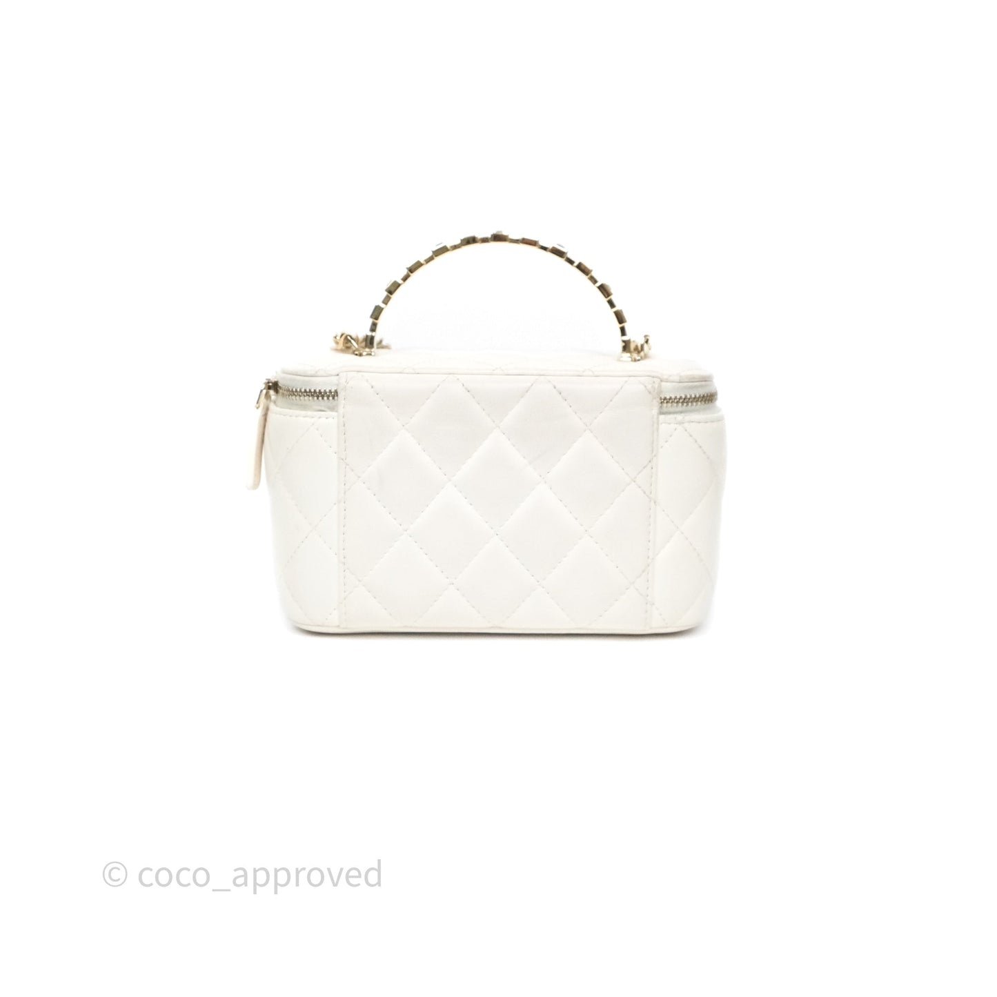 Chanel Logo Crystals Top Handle Vanity Rectangular White Lambskin Gold Hardware