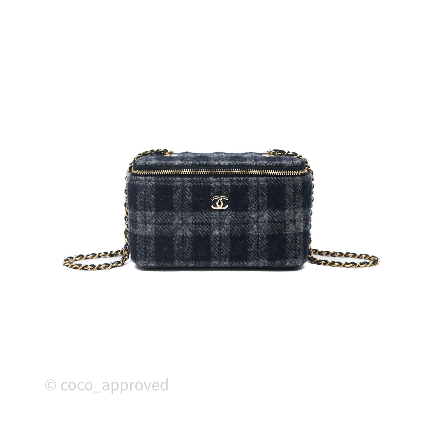 Chanel Vanity With Chain Navy Tweed Plaid Gold Hardware