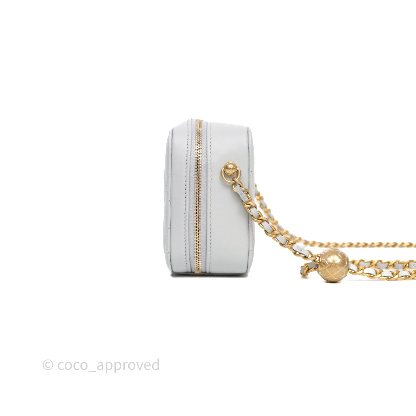 Chanel Quilted CC Pearl Crush Camera Case Light Blue Grey Lambskin Aged Gold Hardware
