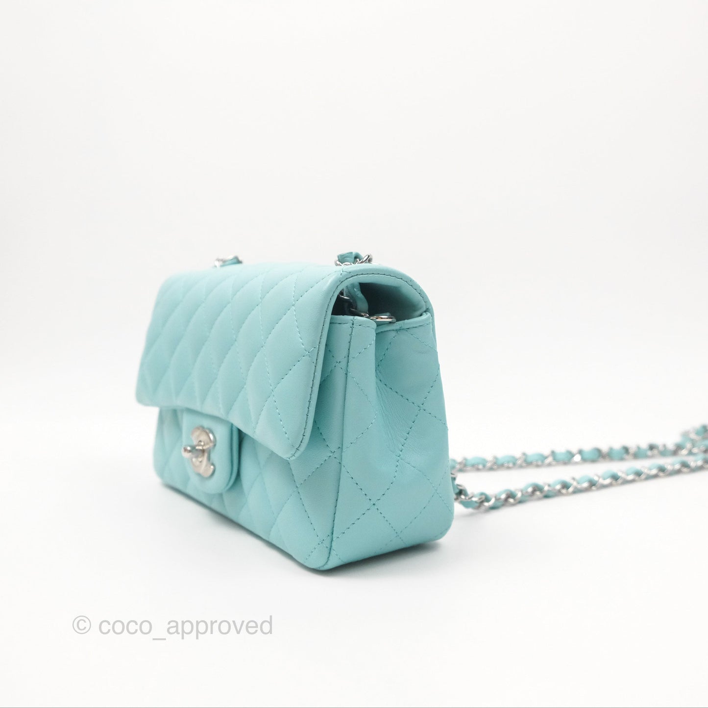 Chanel Quilted Mini Rectangular Flap Tiffany Blue Lambskin Silver Hardware