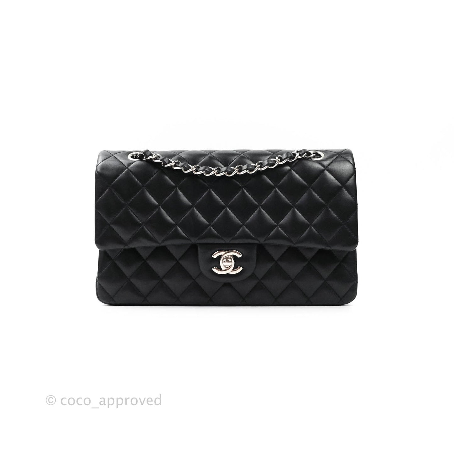 Chanel Classic M/L Medium Double Flap Black Lambskin Silver Hardware