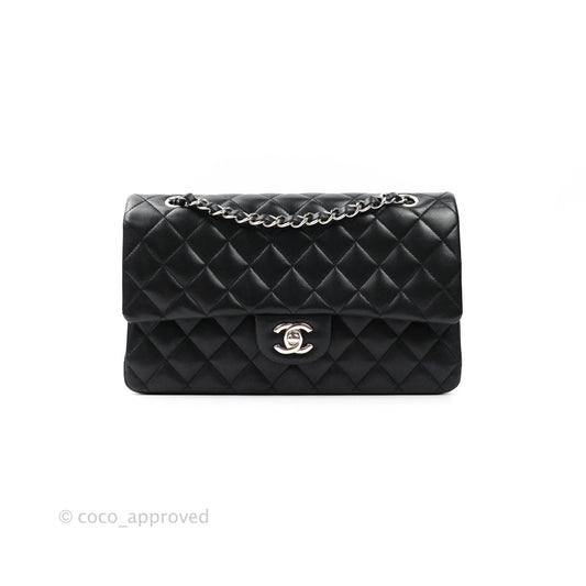 Chanel Classic M/L Medium Double Flap Black Lambskin Silver Hardware