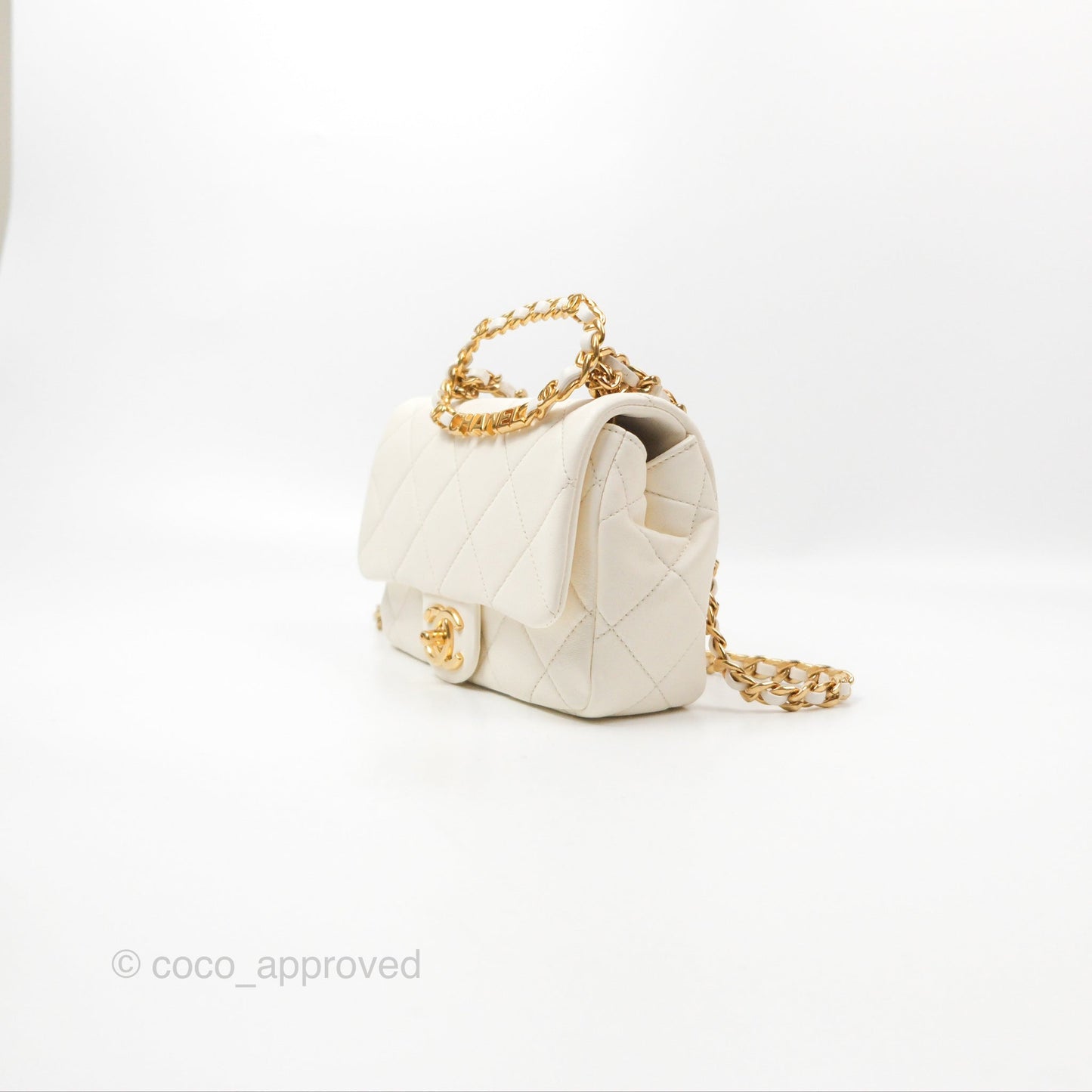 Chanel Quilted Flap Bag With Chanel Logo Top Handle White Calfskin Gold Hardware