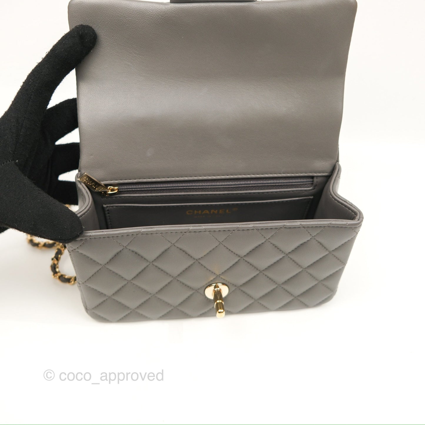 Chanel Top Handle Mini Rectangular Flap Bag Grey Lambskin Gold Hardware