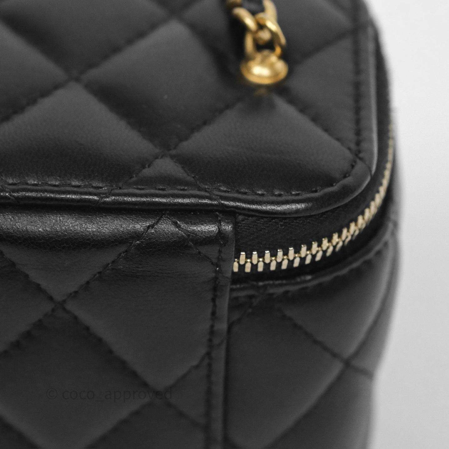 Chanel Quilted Pearl Crush Mini Vanity With Chain Black Lambskin Aged Gold Hardware