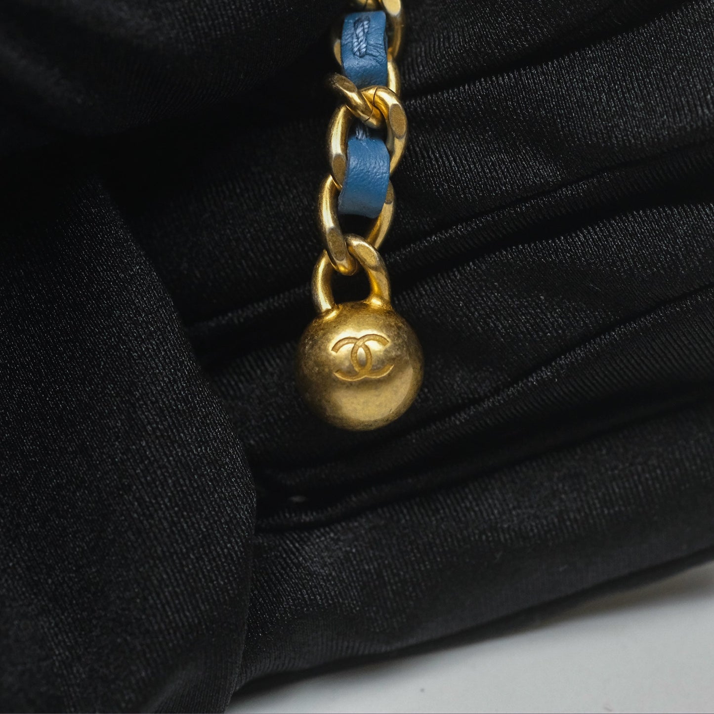 Chanel Quilted Pearl Crush Round Clutch With Chain Denim Aged Gold Hardware