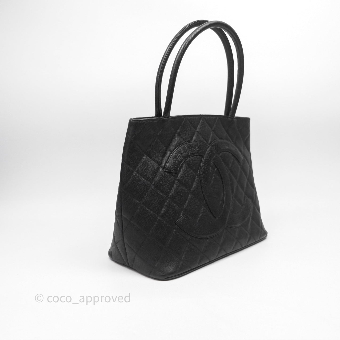Chanel Vintage Medallion CC Black Caviar Tote Bag Gold Hardware
