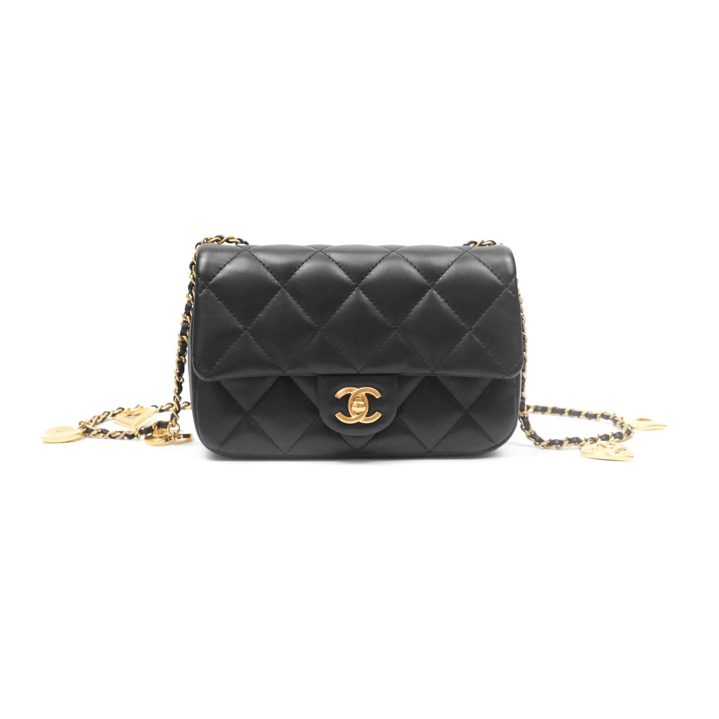 Chanel Mini Flap Bag With Heart CC Charm Black Lambskin Aged Gold Hardware 22B