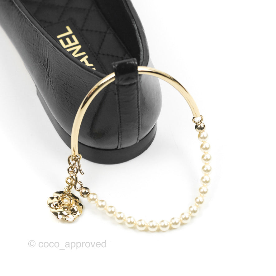 Chanel Ankle Pearl Flat Ballerinas Black Lambskin 23C Sizes 37