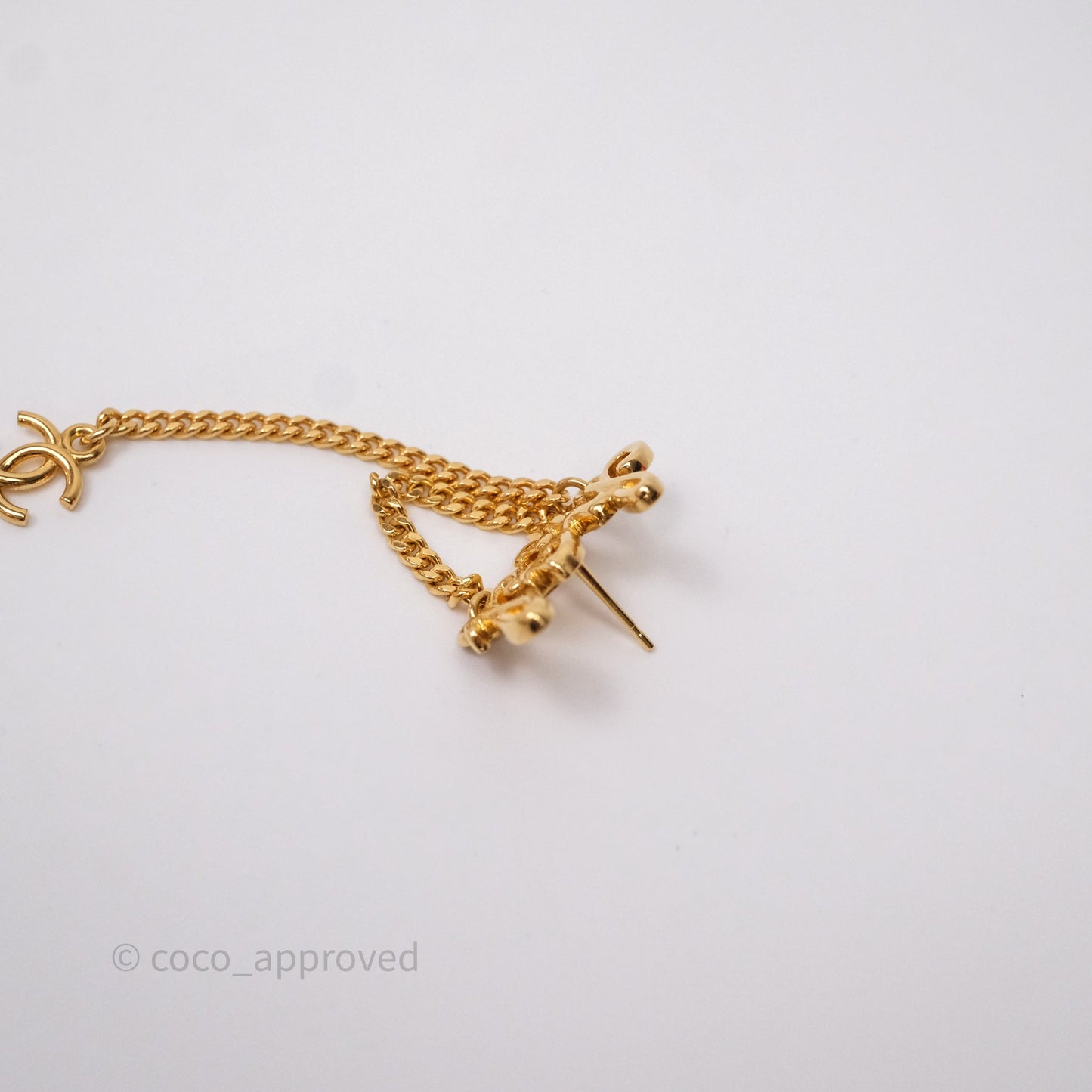 Chanel Metal Logo Drop Chain Earrings Gold Tone 24C