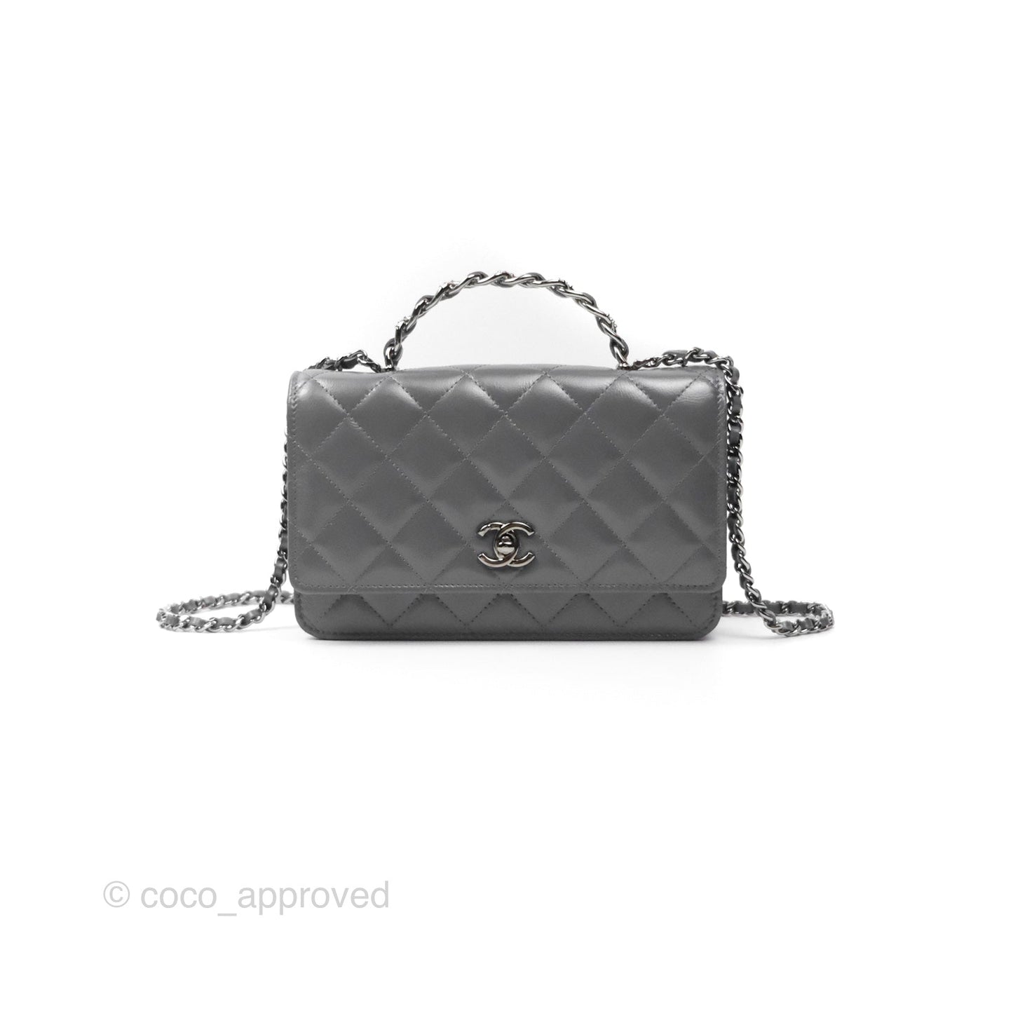 Chanel Top Handle Wallet On Chain WOC Dark Grey Calfskin Gun Metal 23K