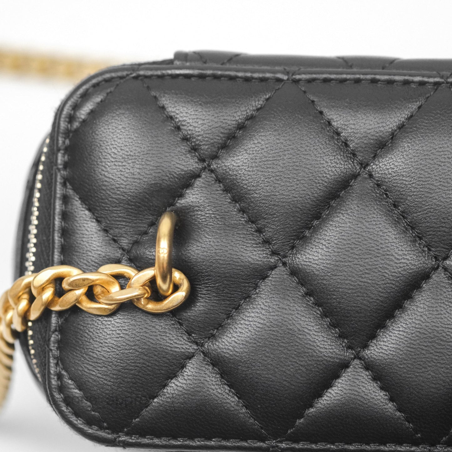 Chanel Quilted Vanity Rectangular with Camellia Adjustable Chain Black Lambskin 23S