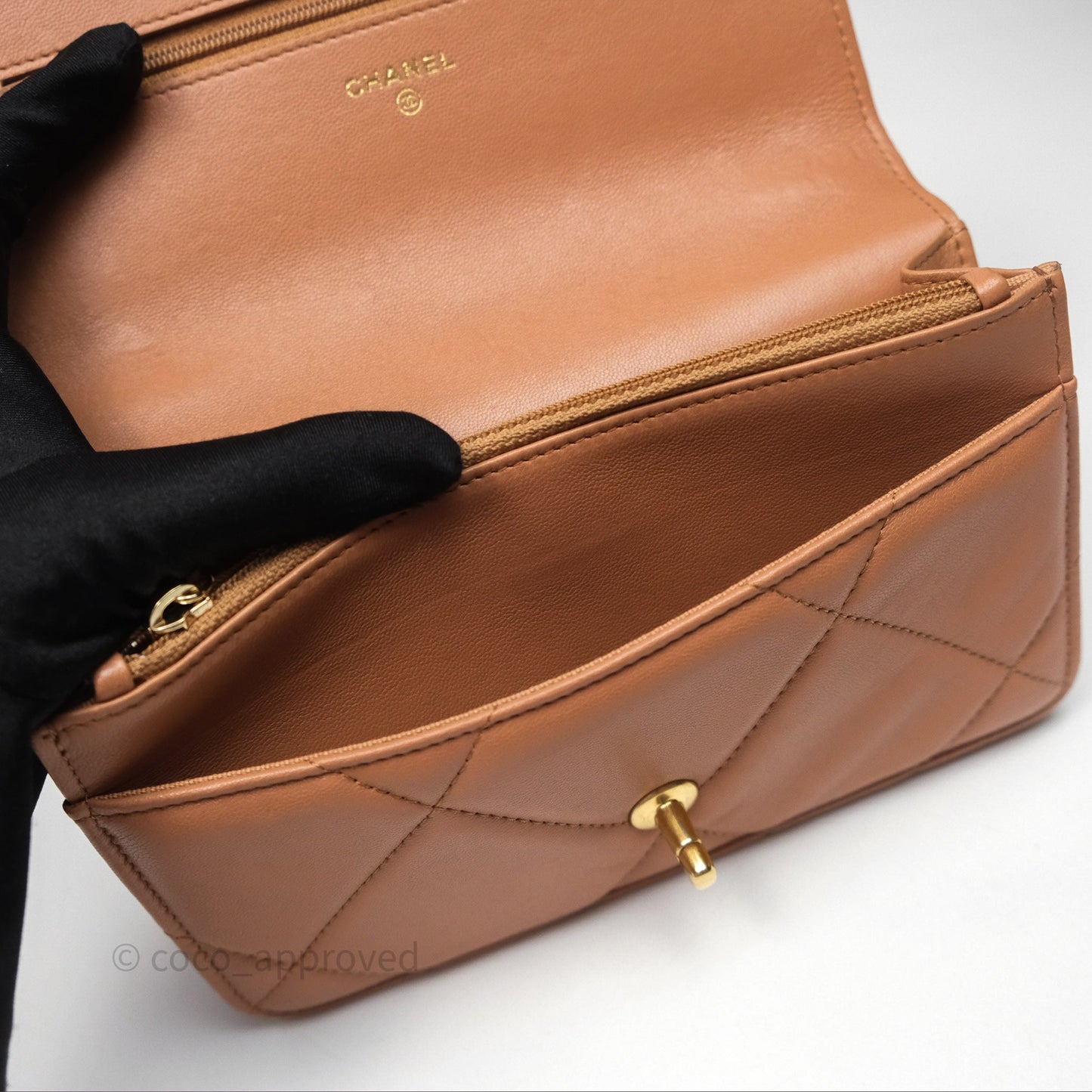 Chanel 19 Wallet on Chain WOC Dark Beige Caramel Lambskin Mixed Hardware