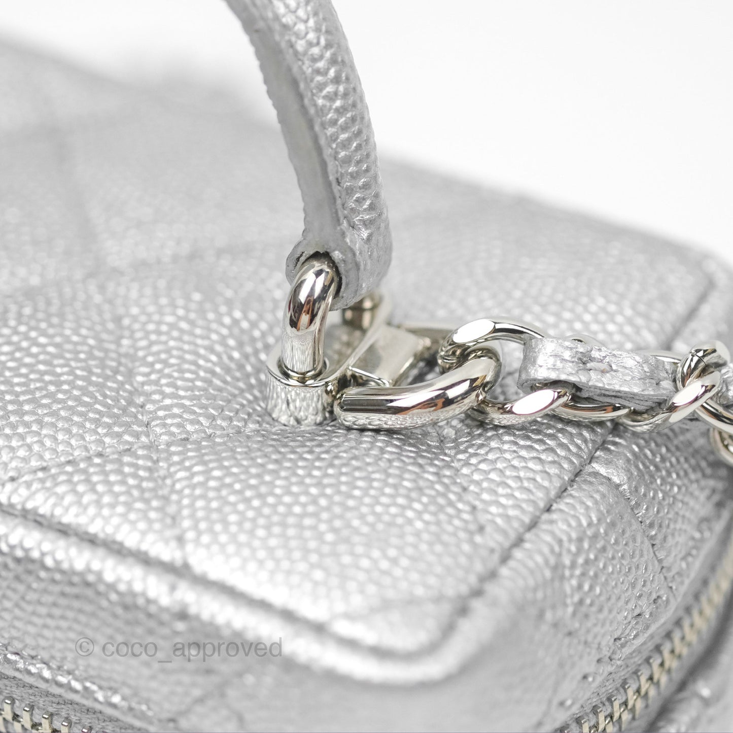 Chanel Quilted Mini Top Handle Vanity With Chain Metallic Silver Caviar Silver Hardware
