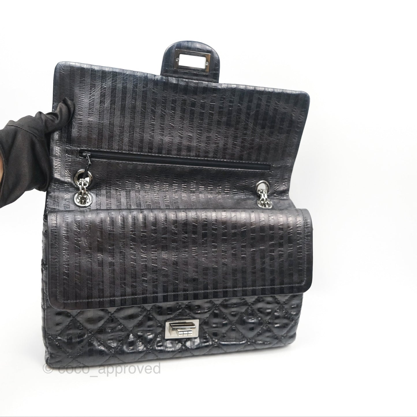 Chanel Reissue 227 Flap Quilted Calfskin Black Striped Dark Silver Hardware