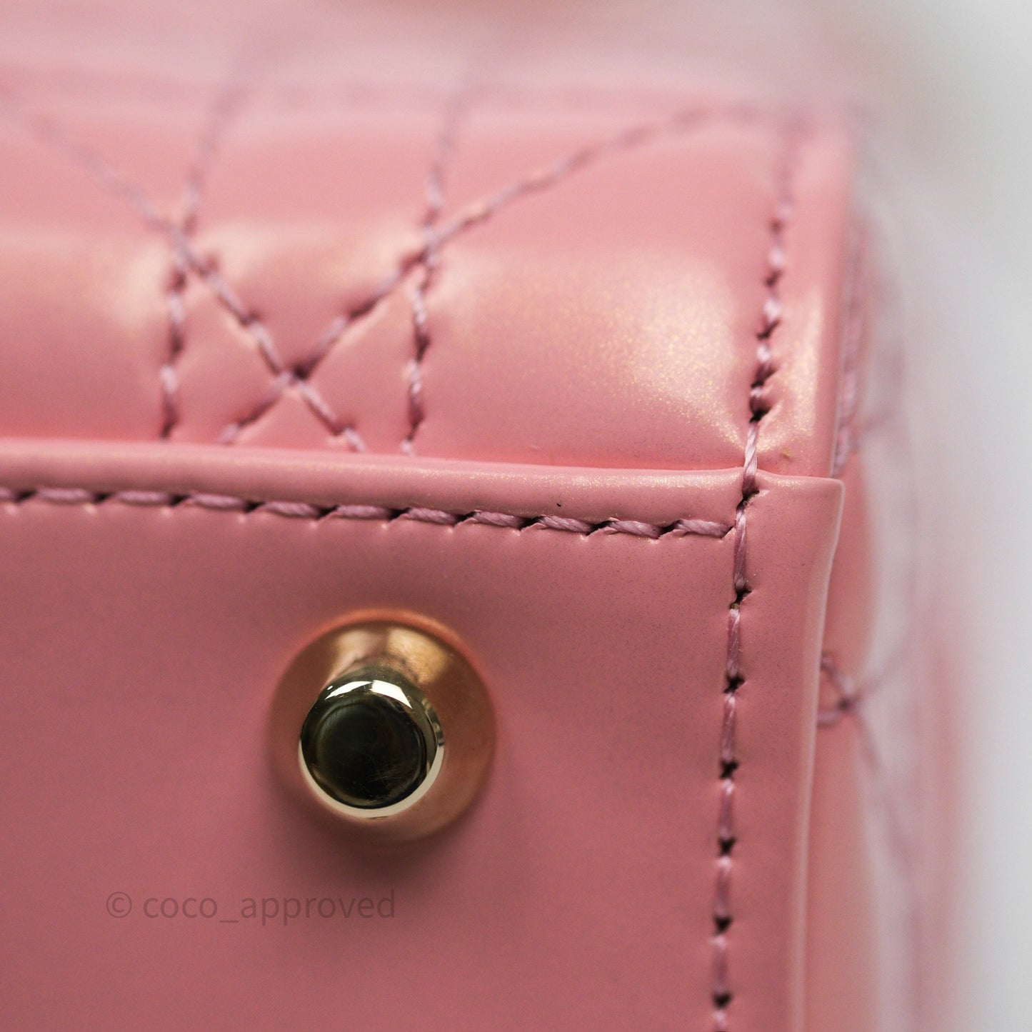 Dior Mini Lady Dior Pink Pearlescent Patent Cannage Gold Hardware