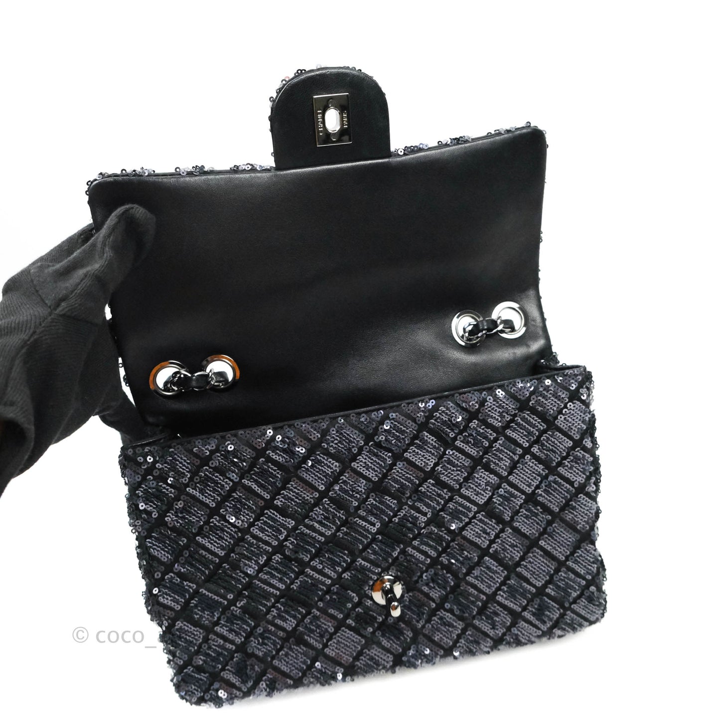 Chanel Quilted Medium Satin Sequin Single Flap Navy Black Gun Metal