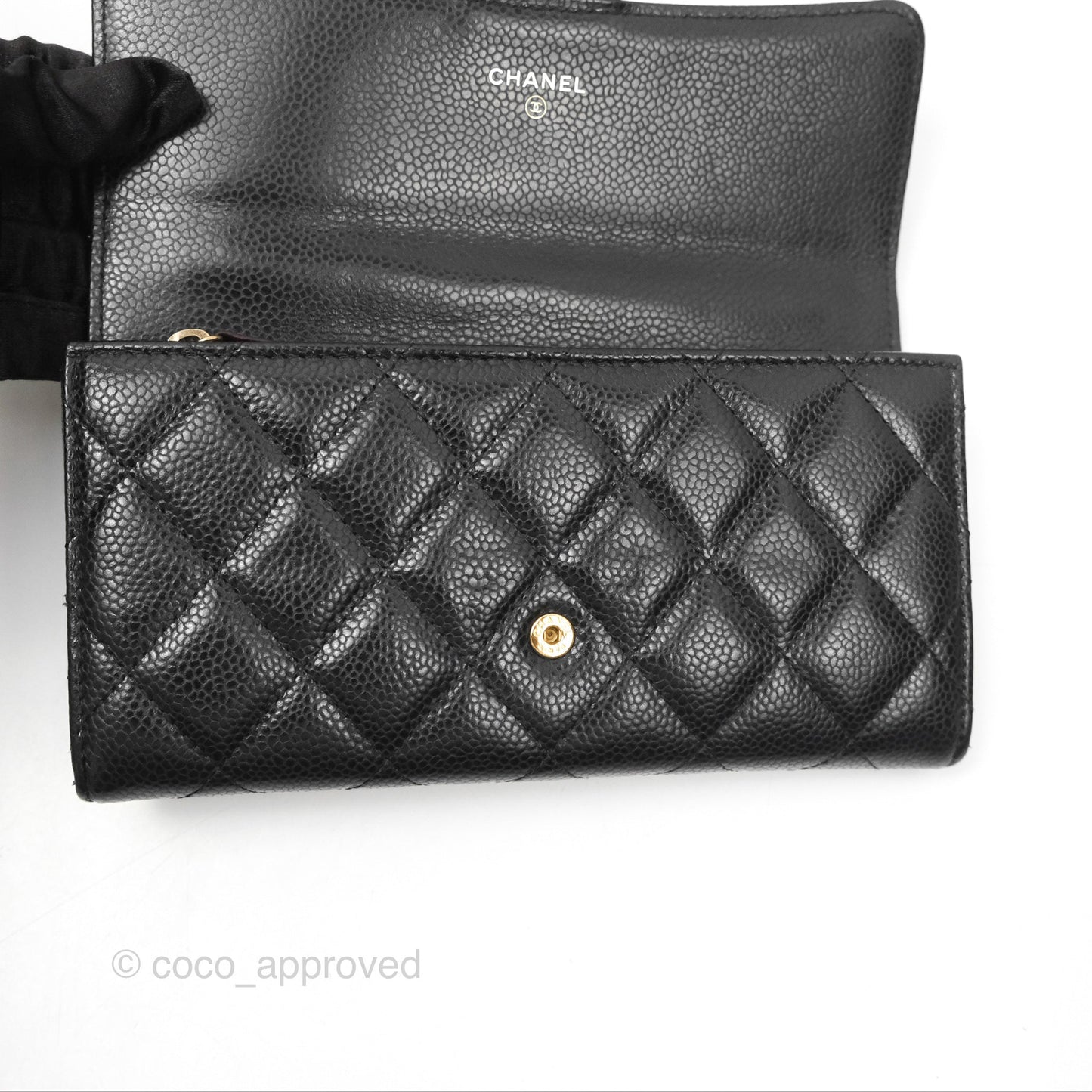 Chanel Classic Quilted Flap Long Wallet Black Caviar Gold Hardware