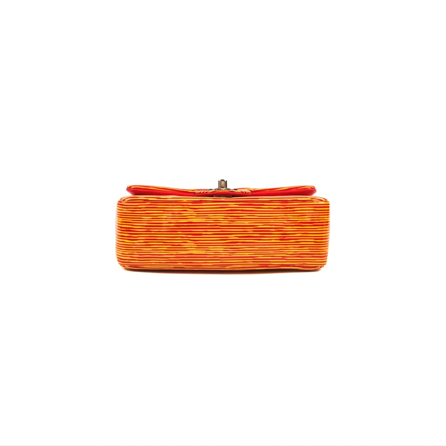 Chanel Mini Rectangular Flap Bag Orange Red Striped Patent Silver Hardware