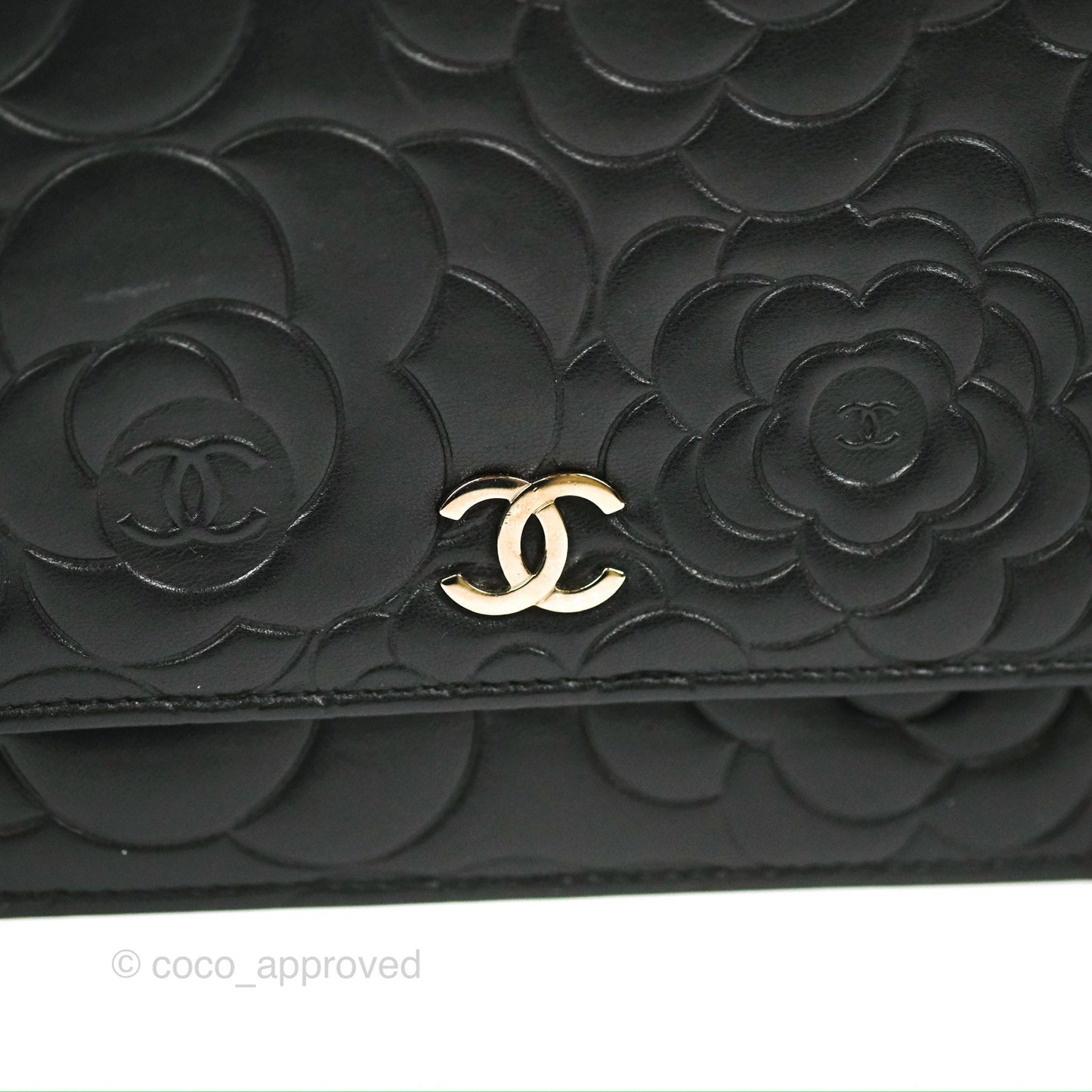 Chanel Camellia Embossed Wallet on Chain WOC Black Lambskin Silver Hardware