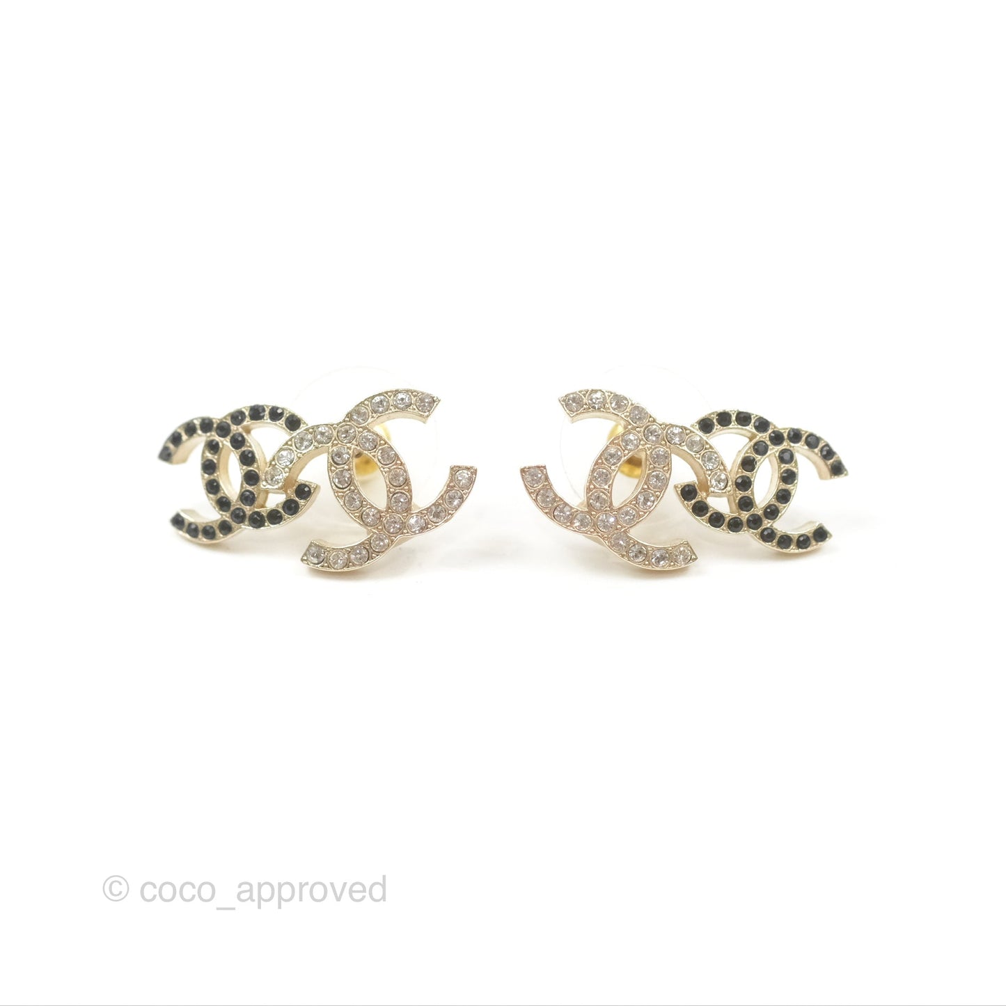 Chanel Crystal Black Double CC Earrings Gold Tone 22B