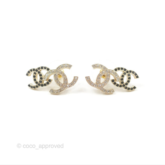 Chanel Crystal Black Double CC Earrings Gold Tone 22B