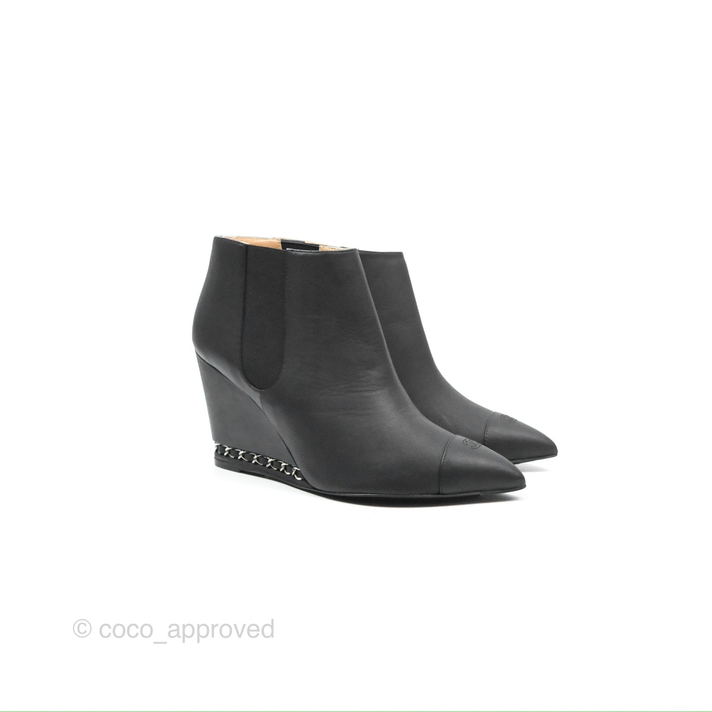Chanel CC Pointy Toe Chain Wedge Ankle Boots Black