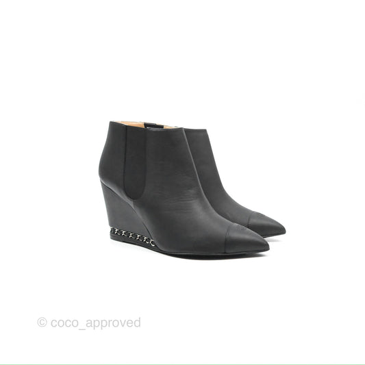 Chanel CC Pointy Toe Chain Wedge Ankle Boots Black