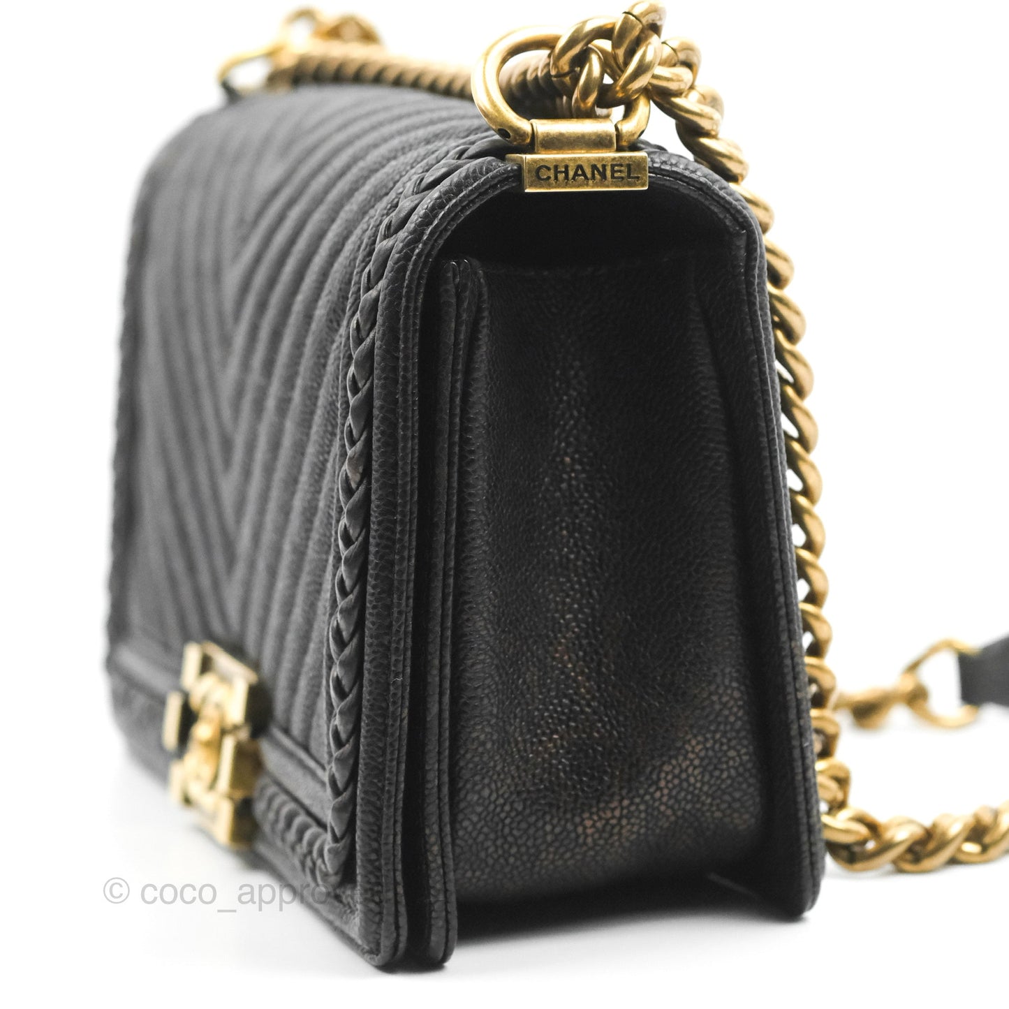 Chanel Medium Braid Around Boy Flap Patinated Caviar Chevron Black Aged Gold Hardware