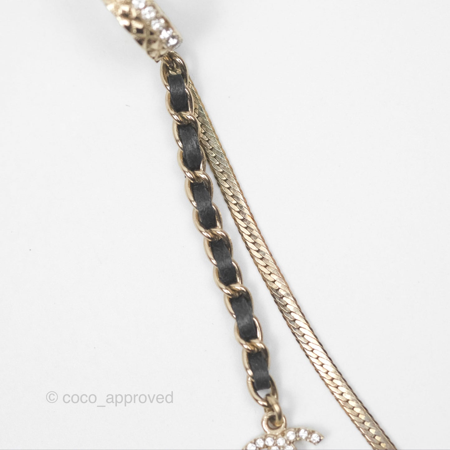 Chanel Crystal CC Braided Leather Chain Long Drop Earrings Gold Tone 22S