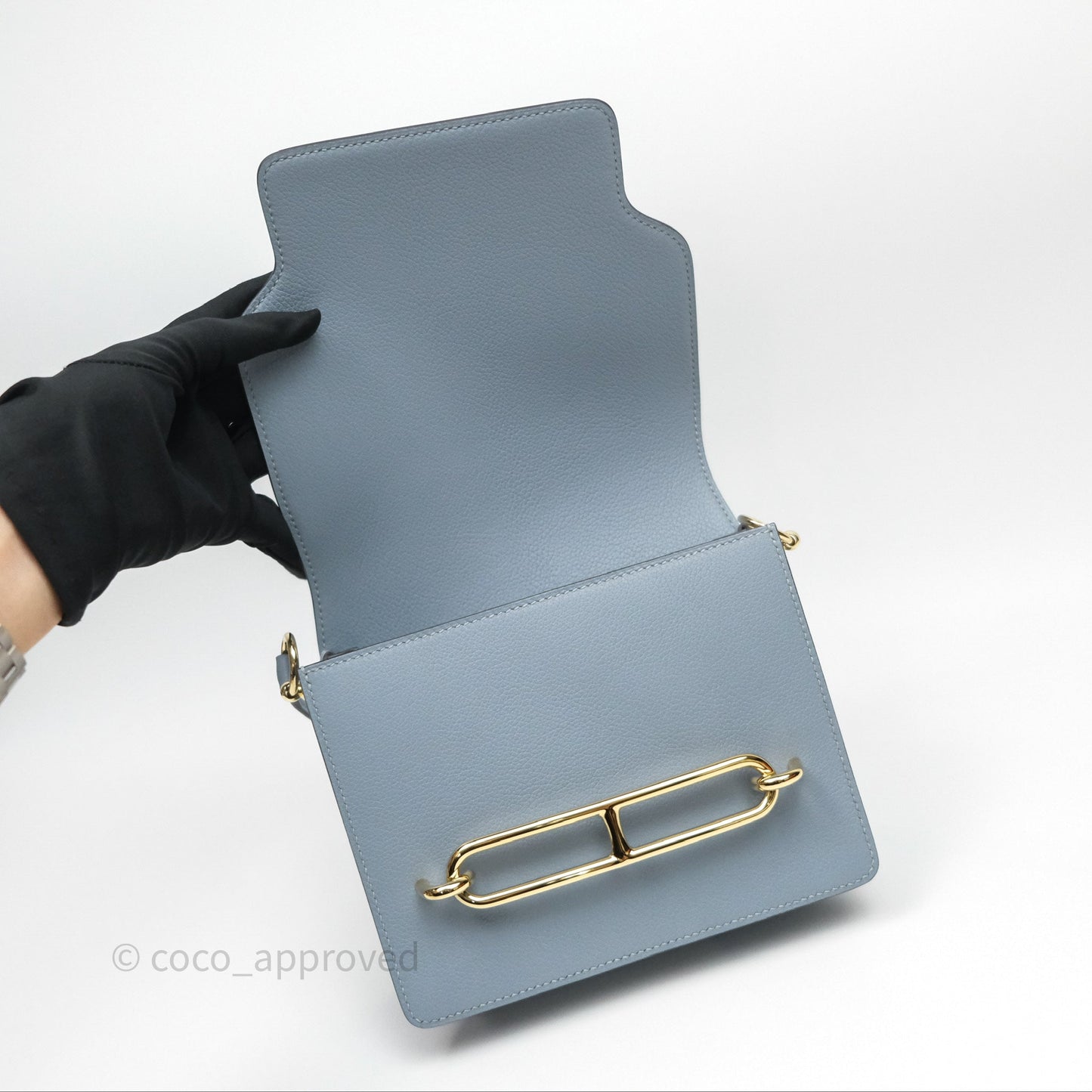 Hermès Roulis Mini 18 Bleu Lin J7 Evercolour Gold Hardware