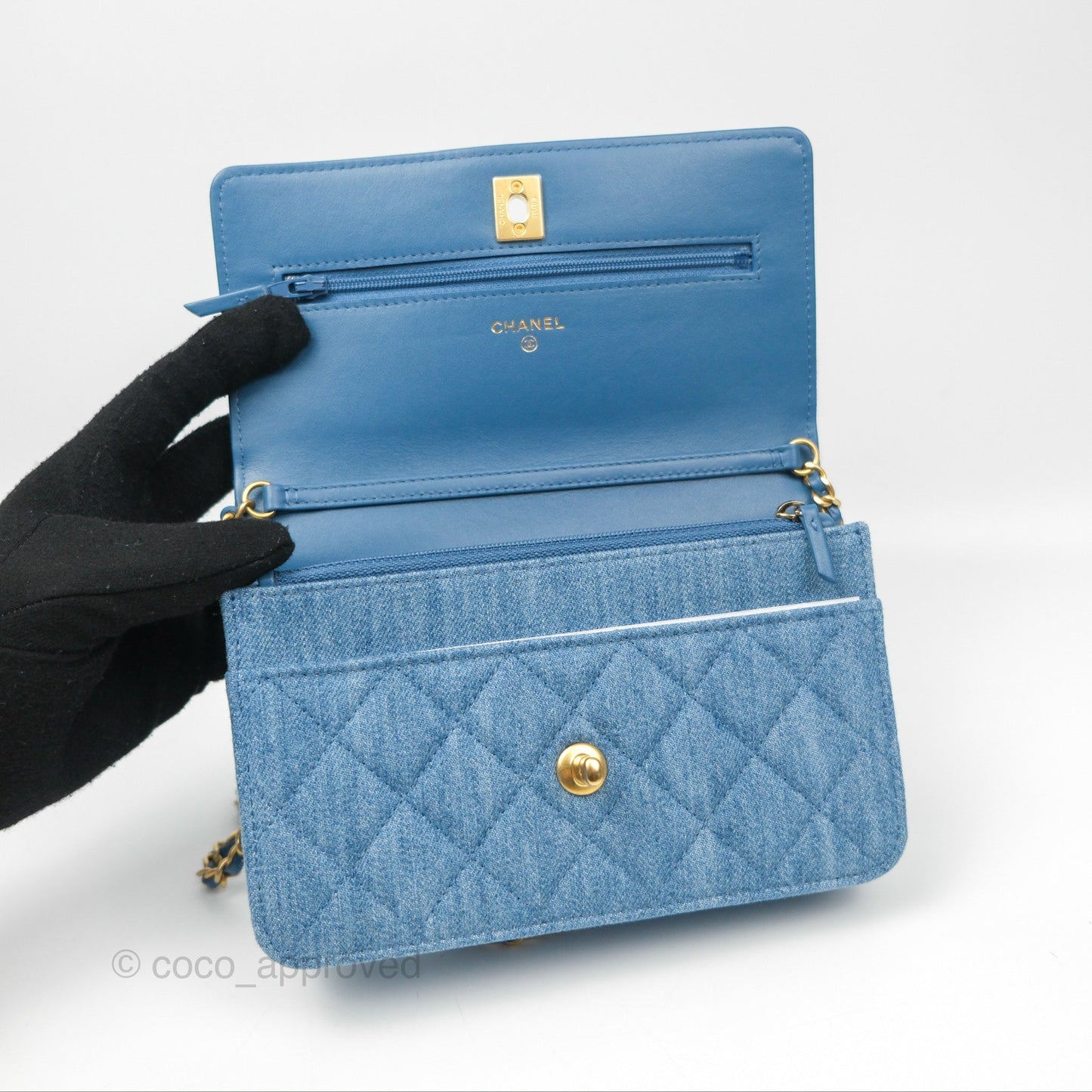 Chanel Quilted Pearl Crush Wallet on Chain WOC Denim Aged Gold Hardware
